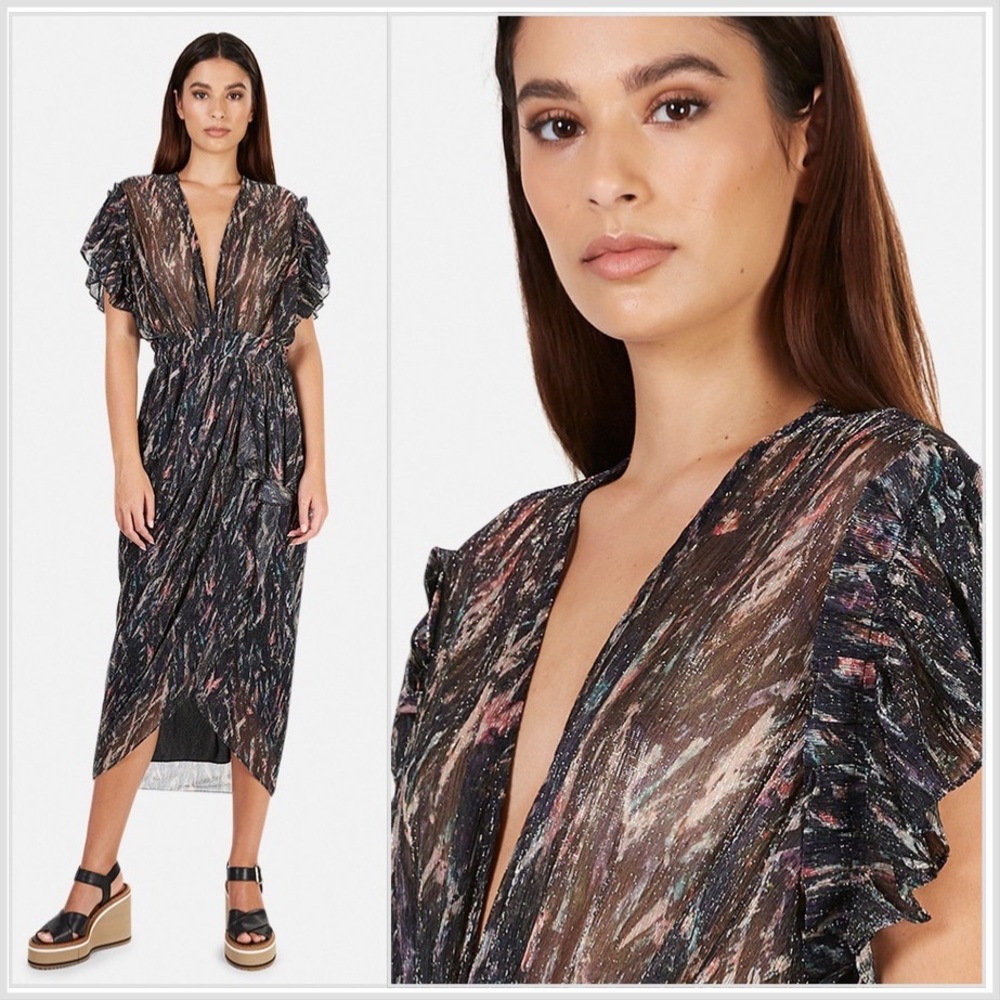 NEW IRO Gargas Wrap-effect Ruffled Printed lurex Sheer MIDI Dress - Picture 14 of 15